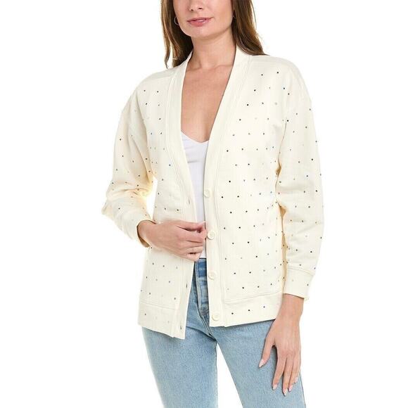 TEREZ Gems Chili Cardigan Sweatshirt Womens Medium Cream Rainbow Rhinestone NWT - Picture 1 of 16